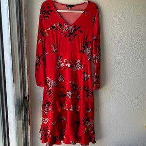 Vibrant Red Floral V-Neck Long Sleeve Tiered Dress